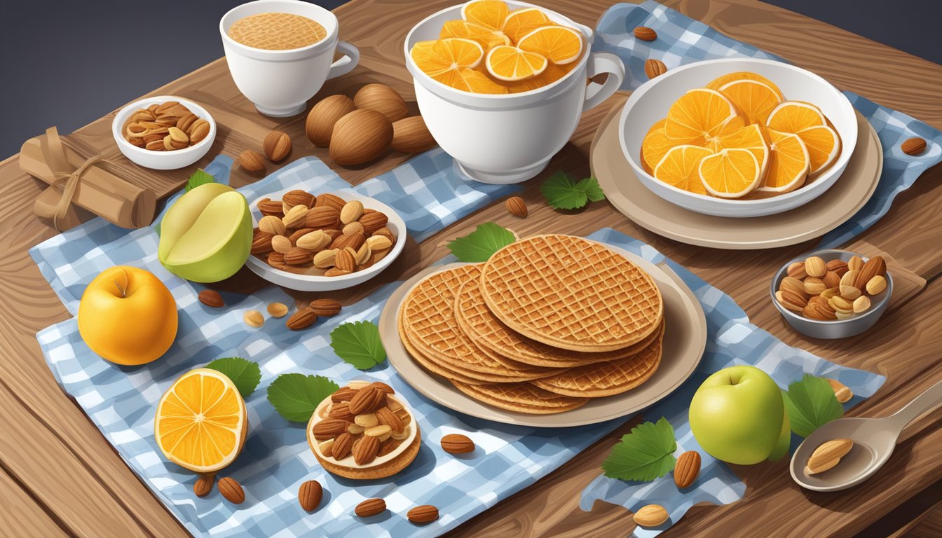 A plate of stroopwafels surrounded by fresh fruits and nuts on a wooden table