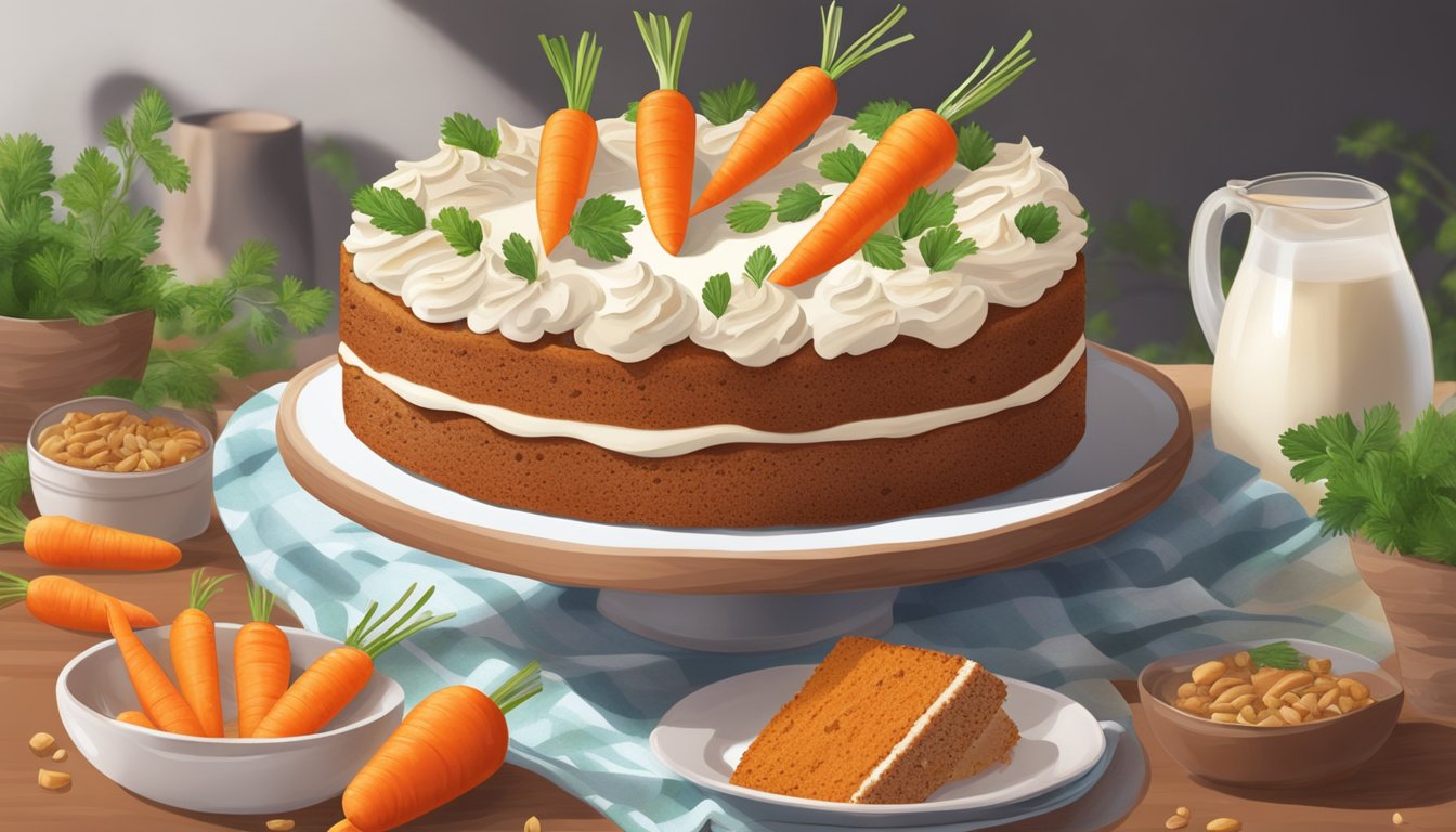 A vegan carrot cake surrounded by fresh carrots and dairy-free ingredients