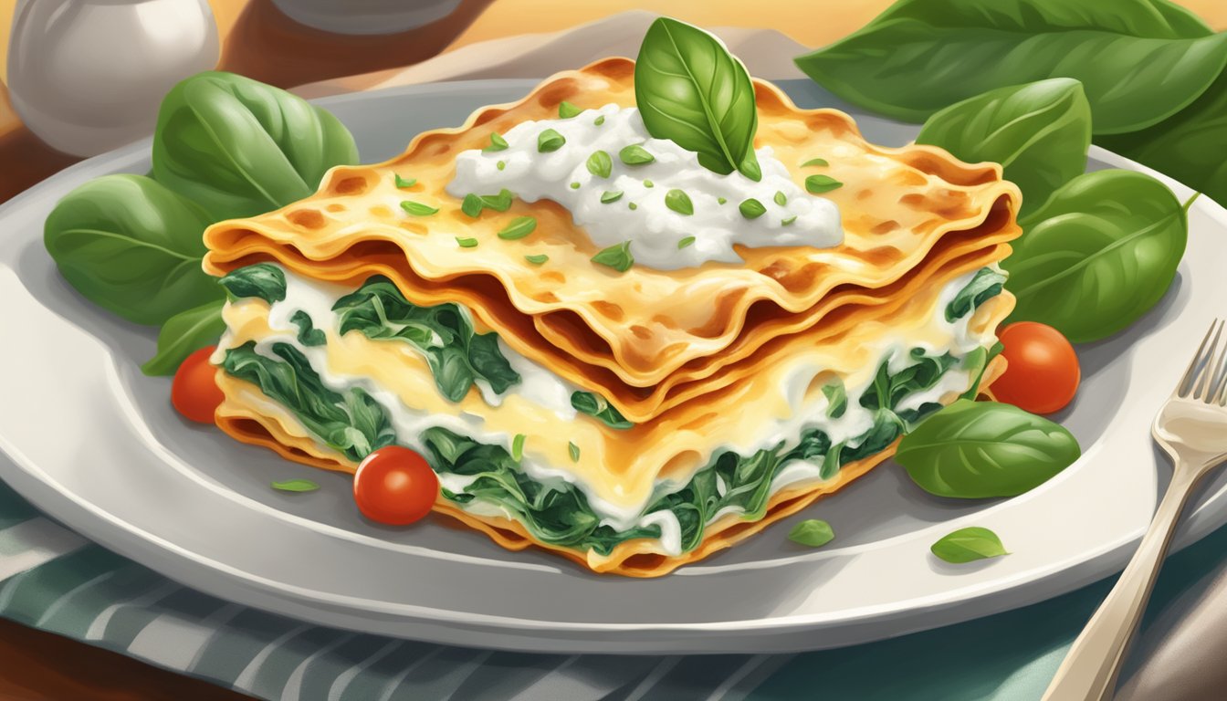 A colorful, steaming lasagna dish surrounded by fresh spinach leaves and ricotta cheese, with a warm, inviting atmosphere