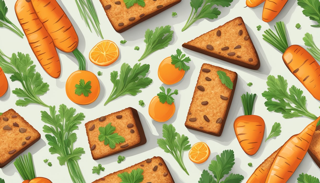 A vibrant carrot cake surrounded by organic carrots, plant-based ingredients, and eco-friendly packaging