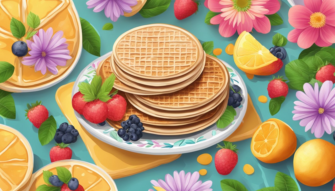 A plate of vegan stroopwafels surrounded by colorful fruits and flowers