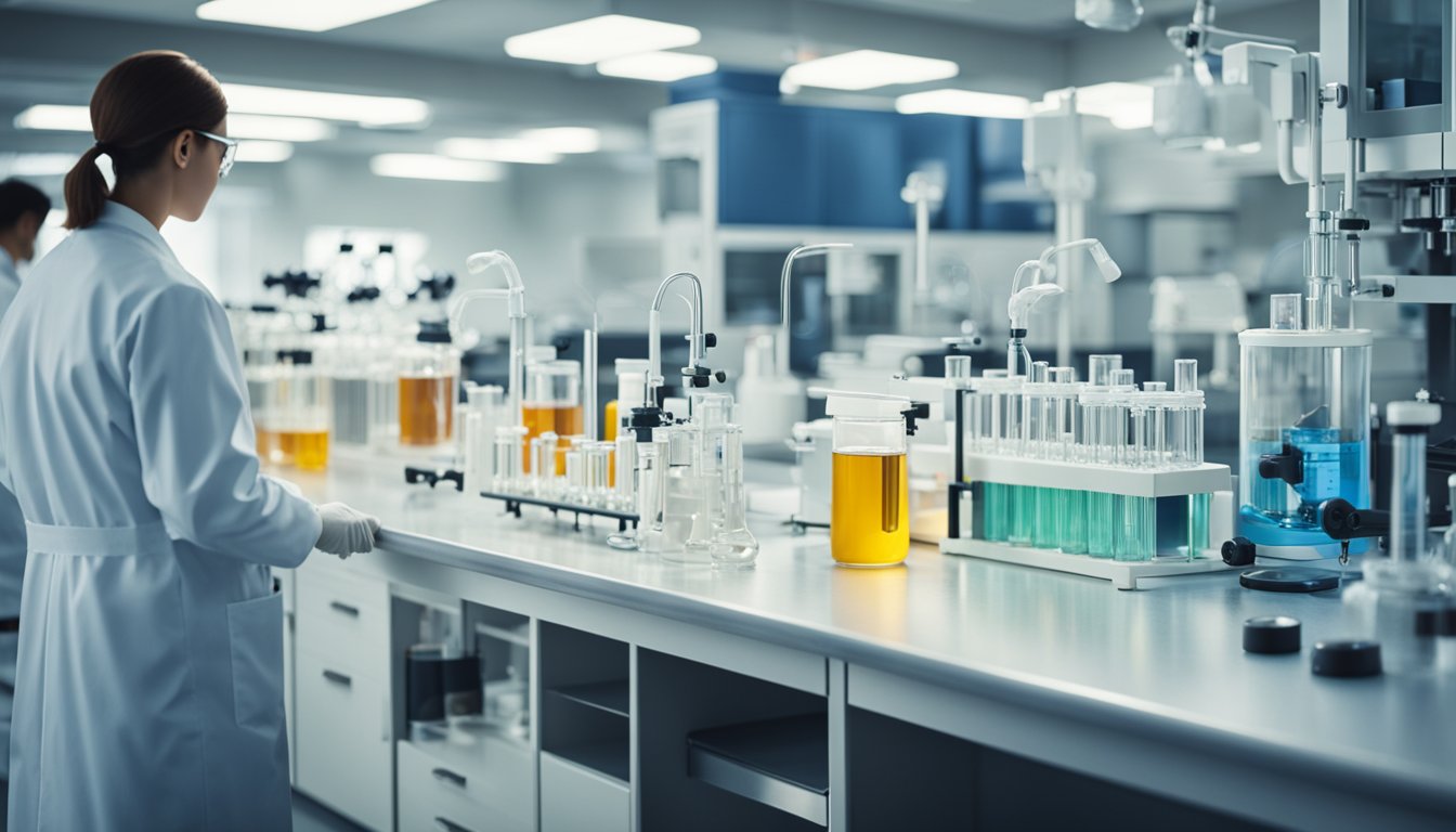 A laboratory setting with various scientific equipment and containers of D-Allulose, with scientists conducting experiments and analyzing data