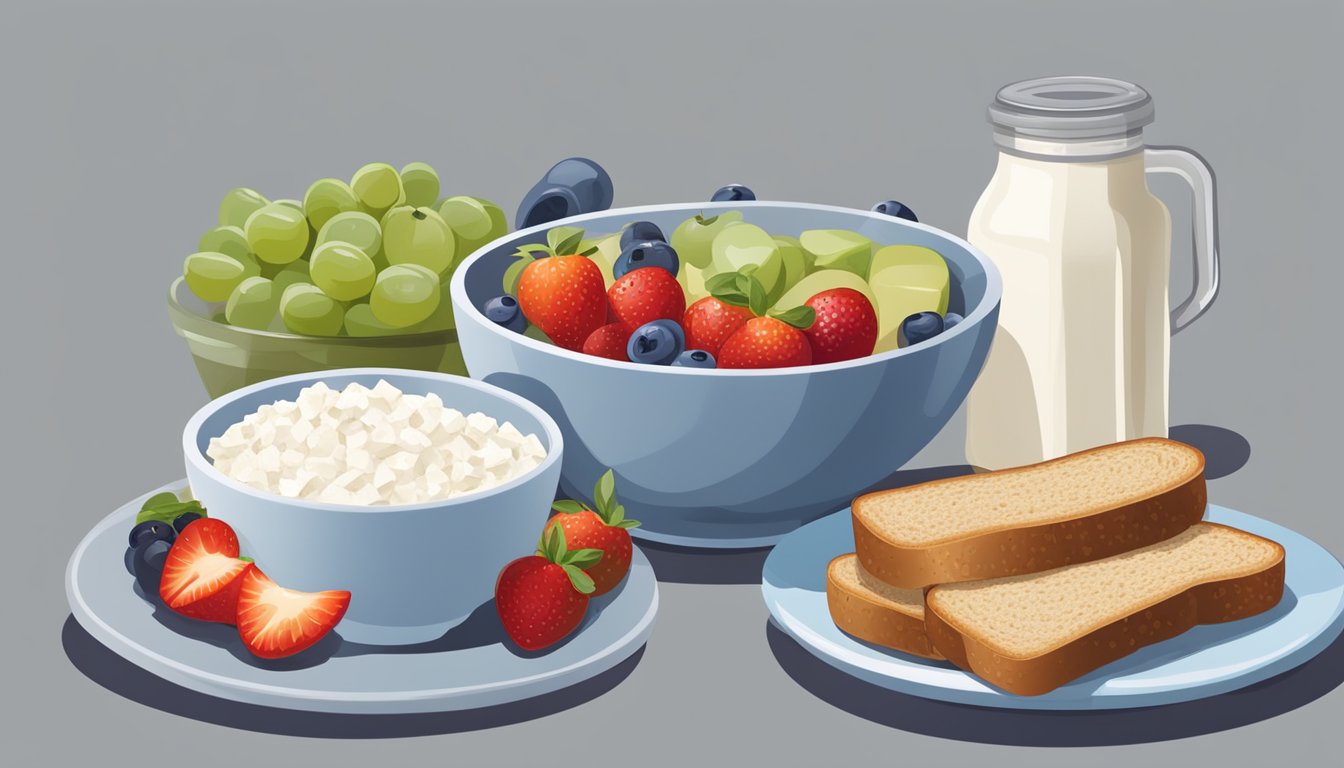 A bowl of cottage cheese topped with fresh fruit sits next to a blood glucose monitor and a plate of whole grain toast