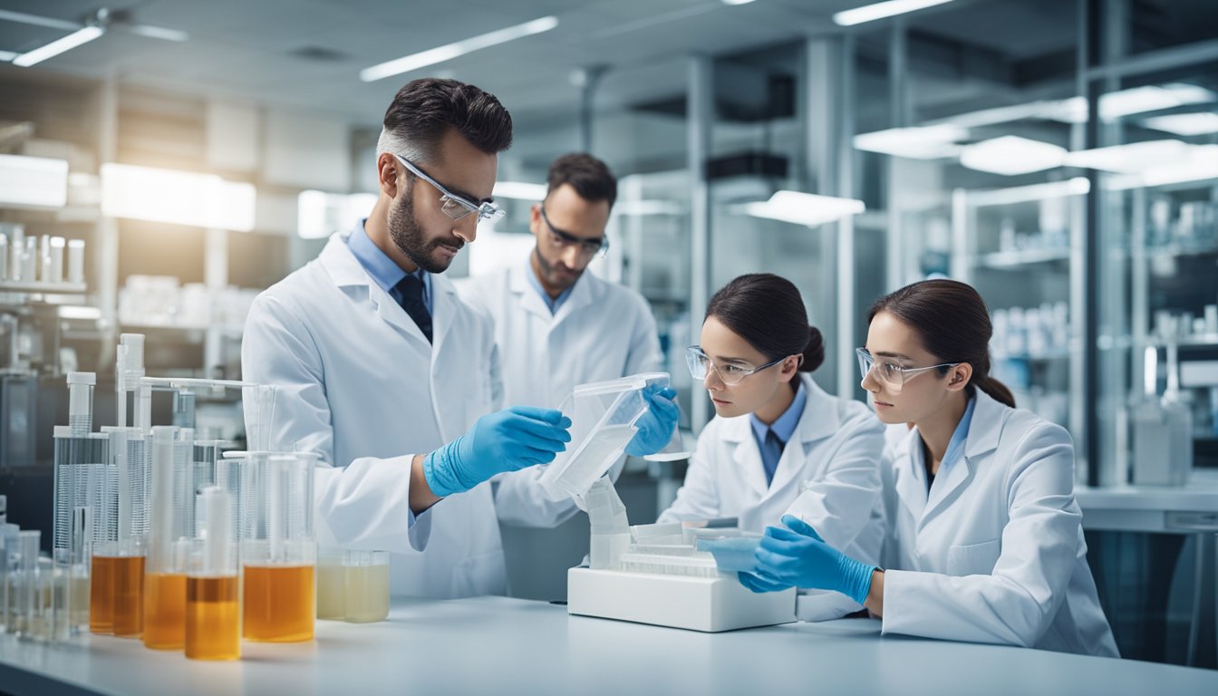 A laboratory setting with scientists examining and testing D-Allulose samples, surrounded by regulatory and certification documents