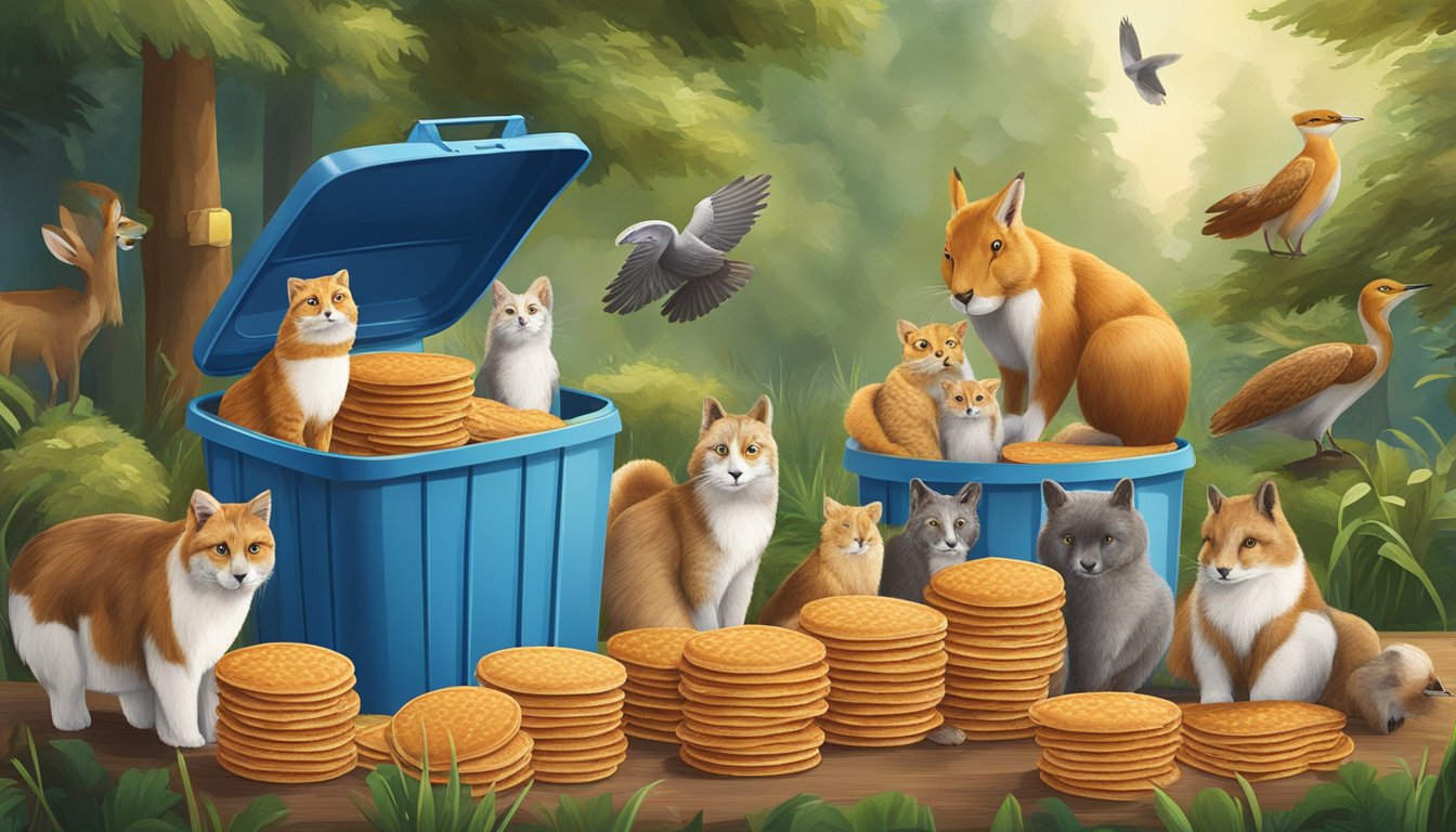 A group of stroopwafels surrounded by images of animals and nature, with a recycling bin in the background