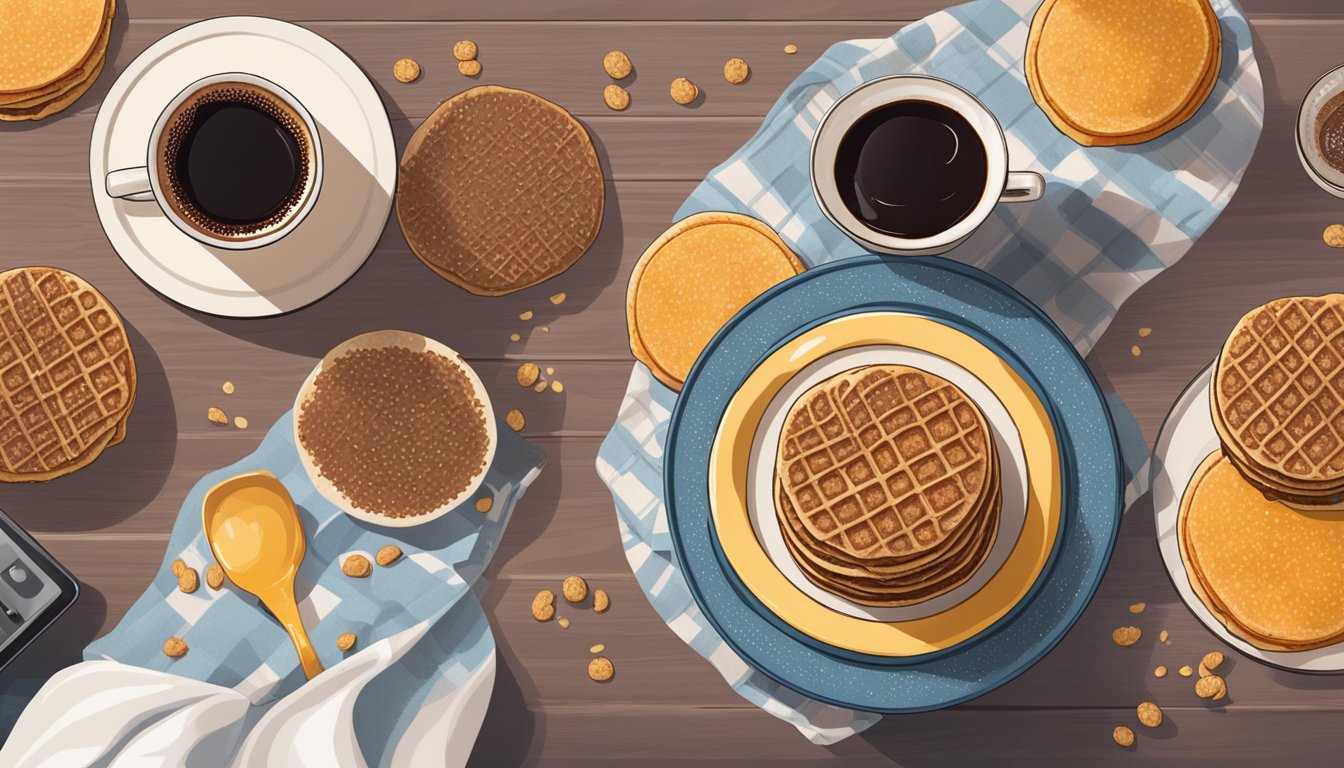 A plate of vegan stroopwafels sits on a table, surrounded by a cup of coffee and a few scattered crumbs