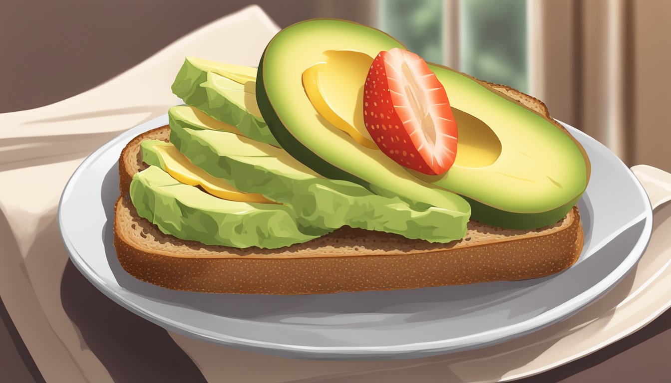 A plate of avocado toast on whole grain bread with a side of fresh fruit