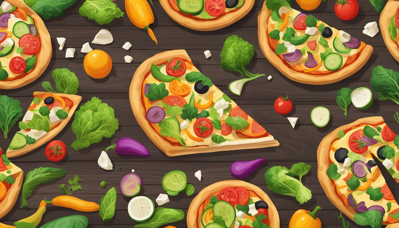 A colorful veggie supreme pizza with a variety of fresh vegetables and vegan cheese, served on a rustic wooden table