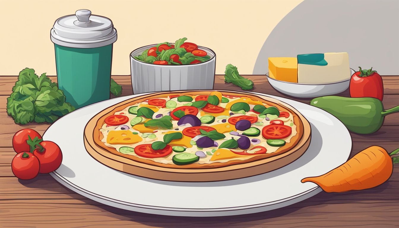 A colorful veggie supreme pizza sits on a wooden cutting board next to a stack of white plates and a container of vegan cheese