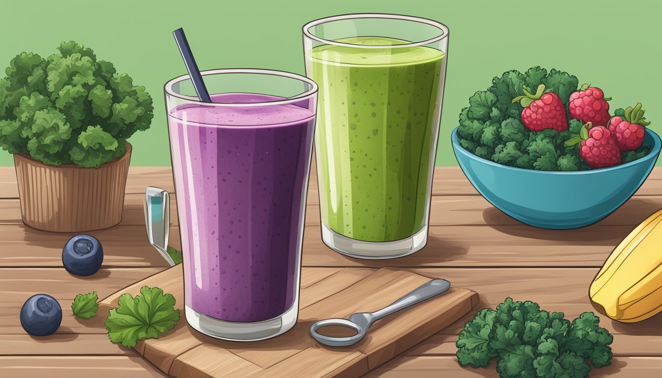 A colorful smoothie with kale, mixed berries, and flaxseed sits on a wooden table next to a diabetes awareness ribbon