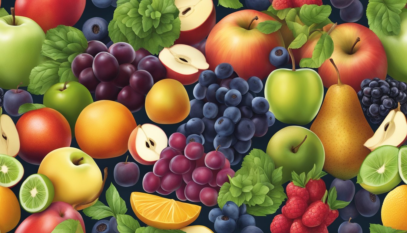 A colorful assortment of fruits and vegetables, with a prominent focus on sorbitol-containing foods like apples, pears, and prunes