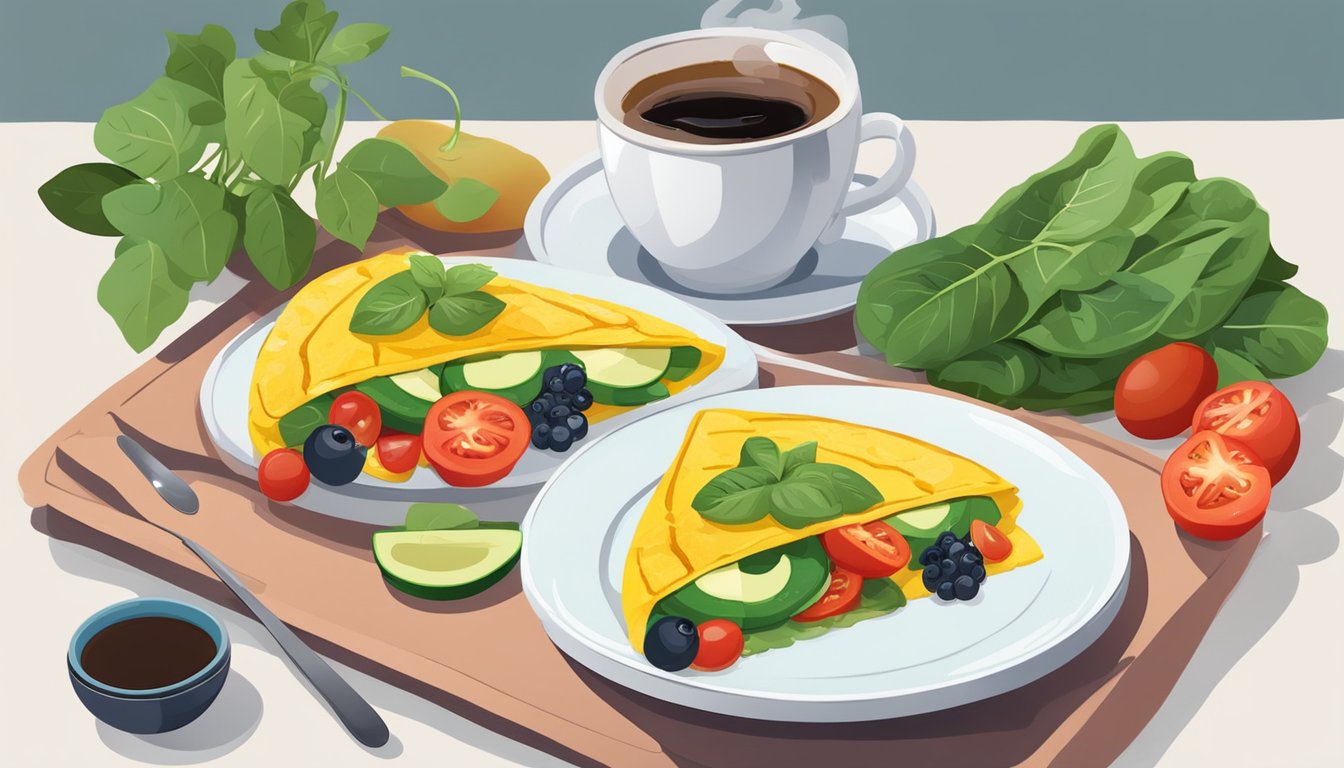 A colorful omelette filled with grilled vegetables and tomatoes, surrounded by fresh ingredients like spinach, avocado, and berries, with a cup of black coffee on the side