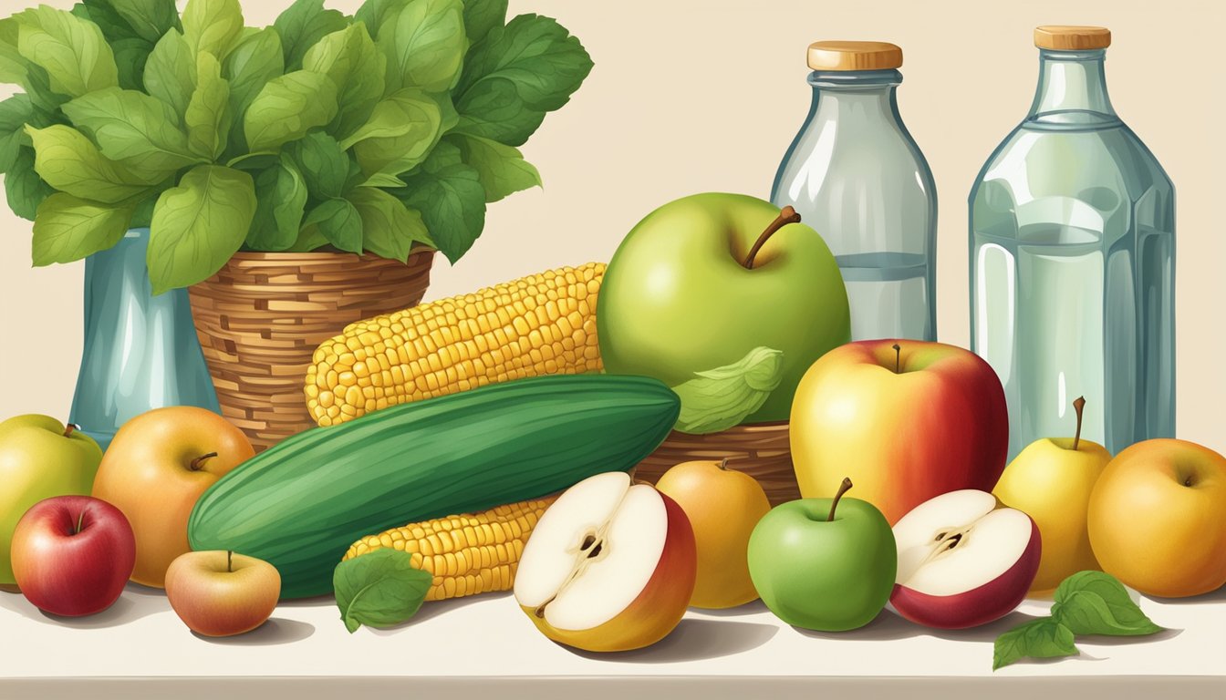 A variety of fruits and vegetables, including apples, pears, and corn, are arranged on a table, alongside a bottle of sorbitol