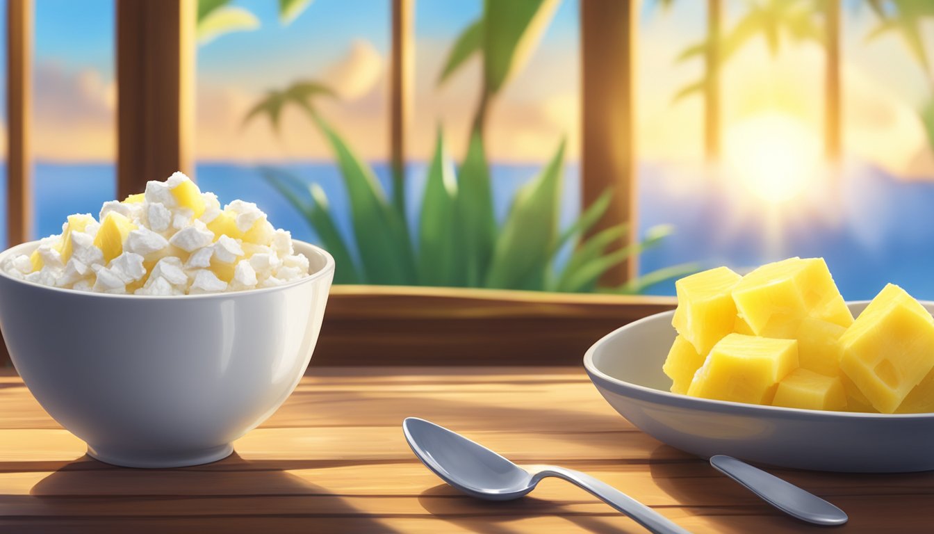 A bowl of cottage cheese topped with pineapple chunks on a wooden table, with a spoon beside it. Sunlight streams through a window onto the scene