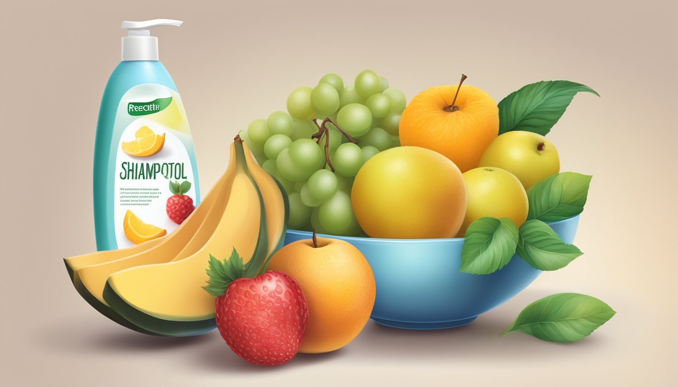 A bowl of fruit and a bottle of shampoo with sorbitol listed in the ingredients