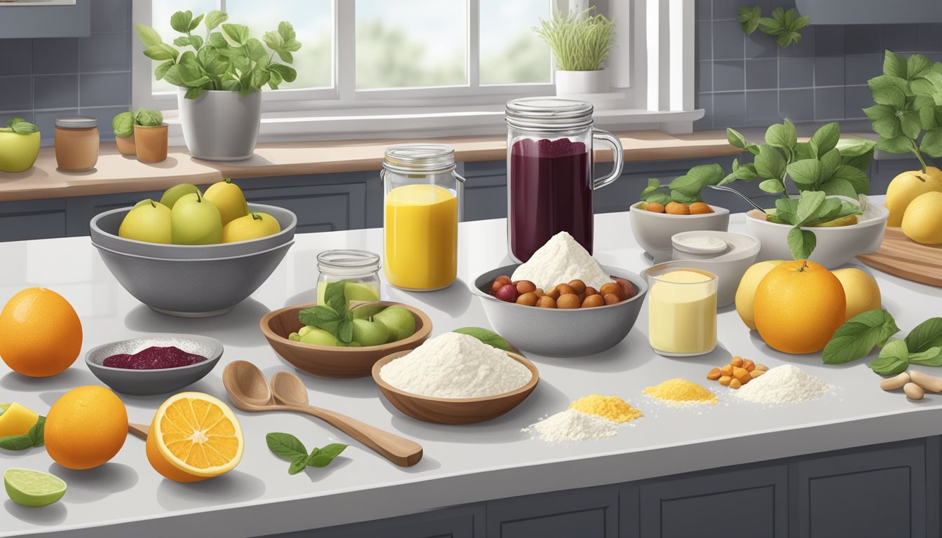 A kitchen counter with vegan ingredients: flour, plant-based butter, and fruit preserves, surrounded by measuring cups and spoons