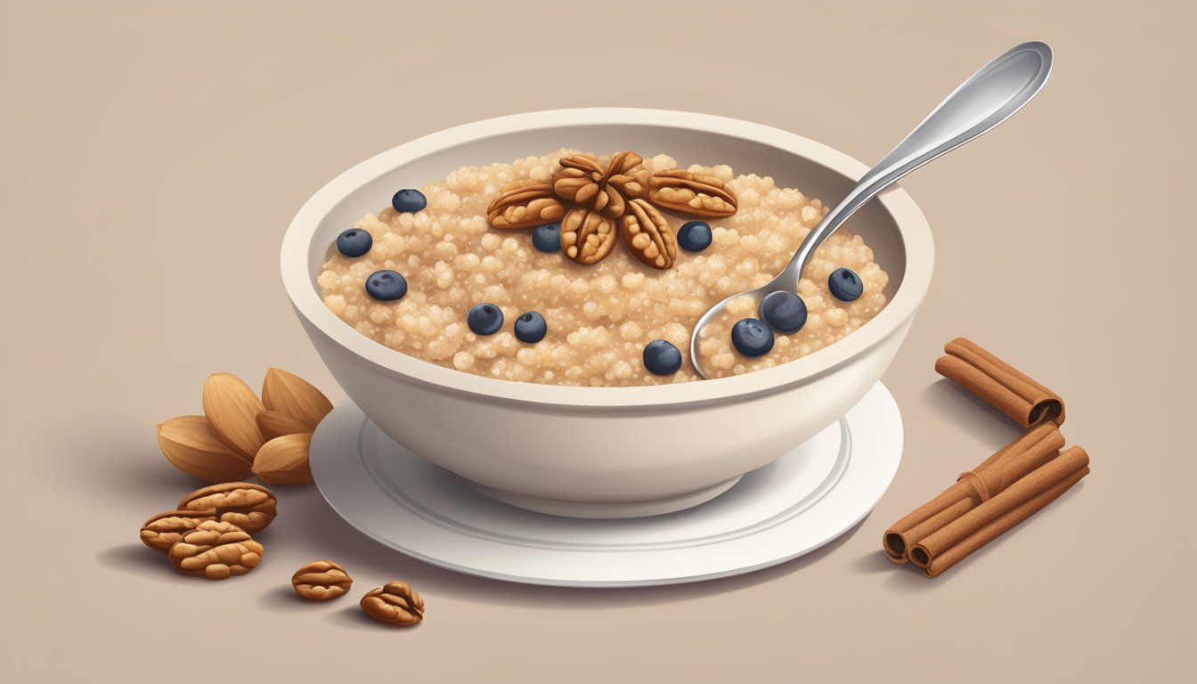 A bowl of quinoa porridge topped with walnuts and cinnamon, next to a spoon and a diabetes awareness ribbon