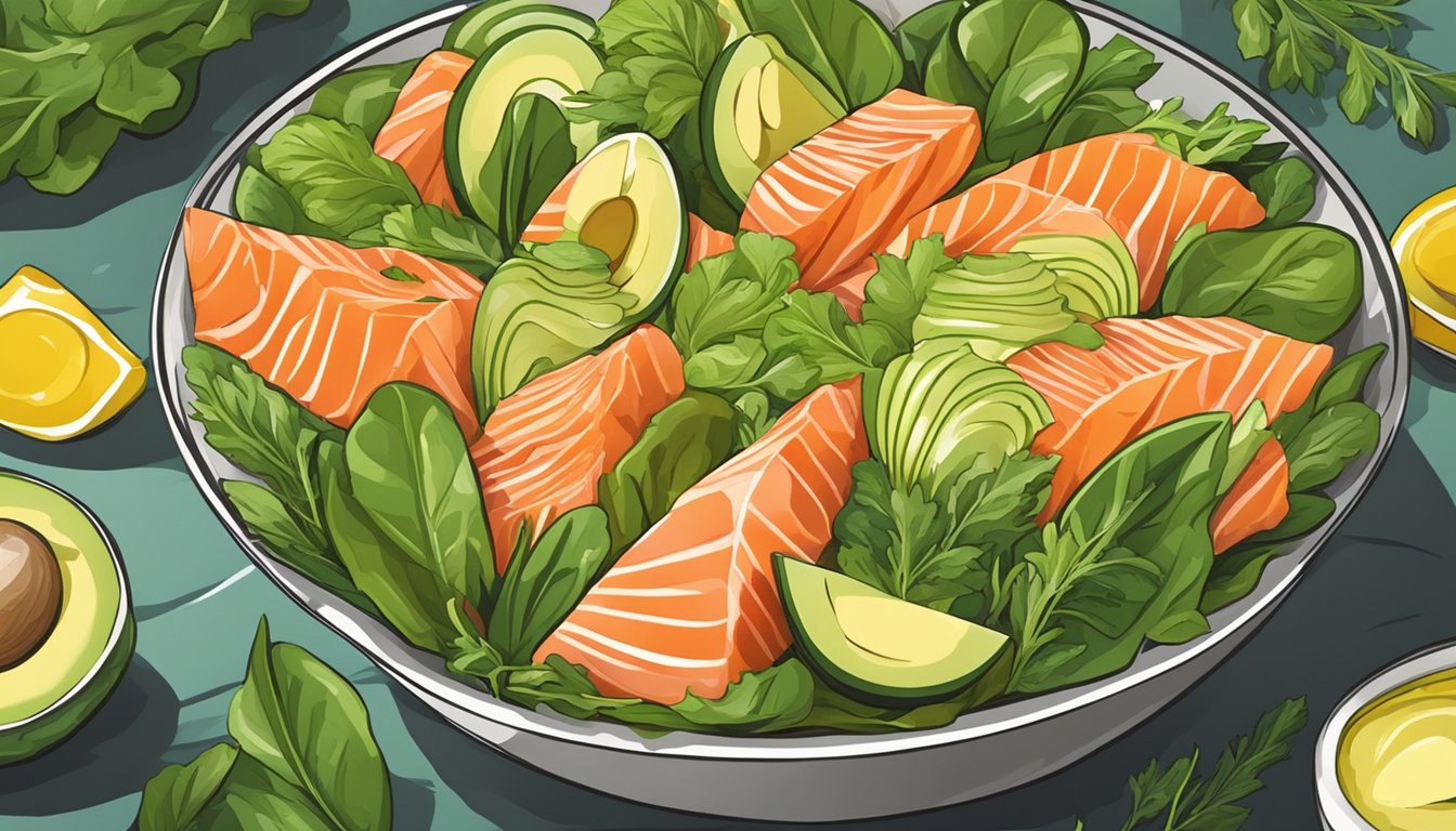 A colorful salad bowl with smoked salmon, ripe avocado, and fresh greens arranged in an appetizing display