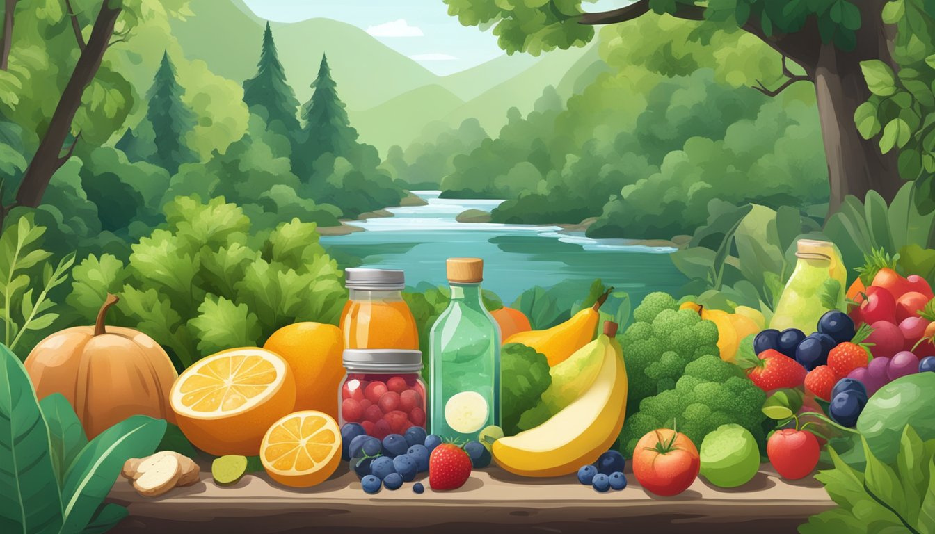 A lush forest scene with a clear stream and a variety of plant-based foods, such as fruits and vegetables, surrounding a bottle of sorbitol