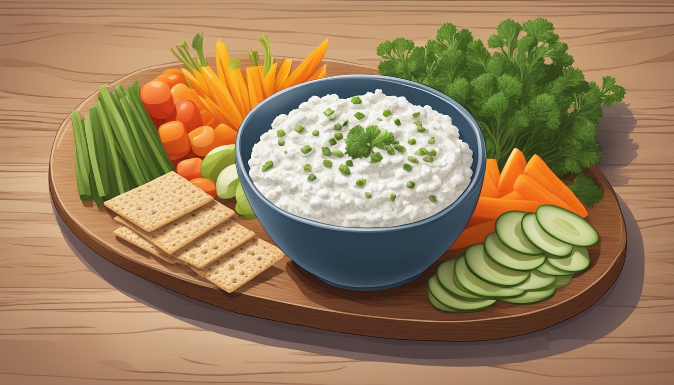 A bowl of cottage cheese and chive dip surrounded by colorful vegetable slices and whole grain crackers on a wooden platter