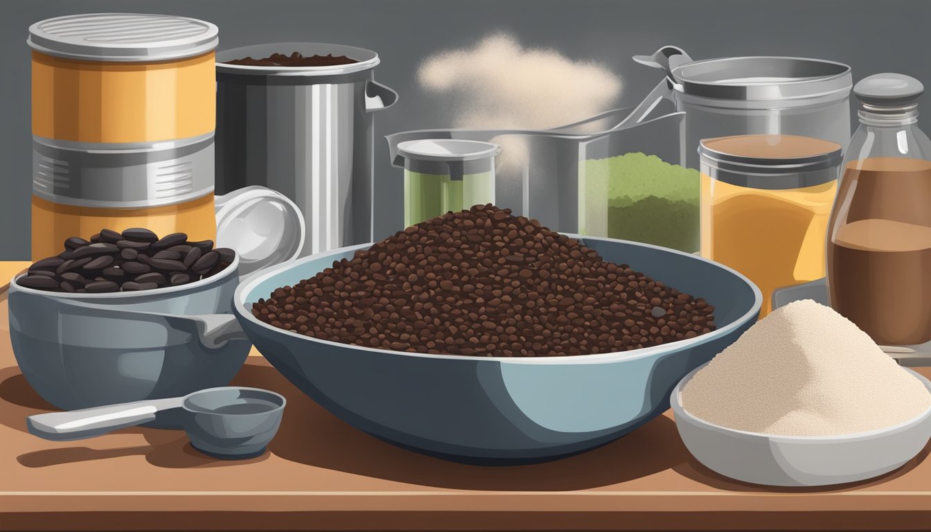 A kitchen counter with a mixing bowl, measuring cups, cocoa powder, flour, and a can of black beans