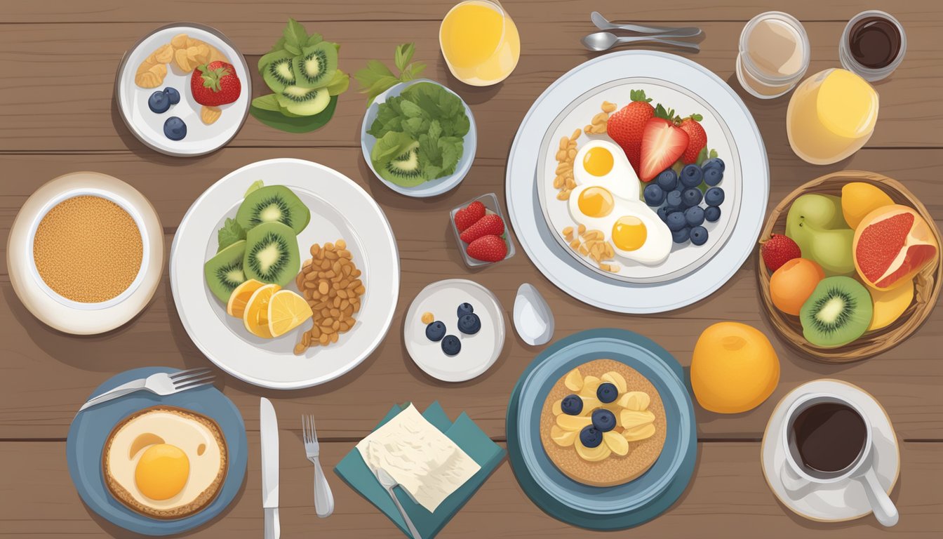 A table set with a variety of balanced breakfast options, including fruits, whole grains, and lean proteins, with a diabetes information pamphlet nearby