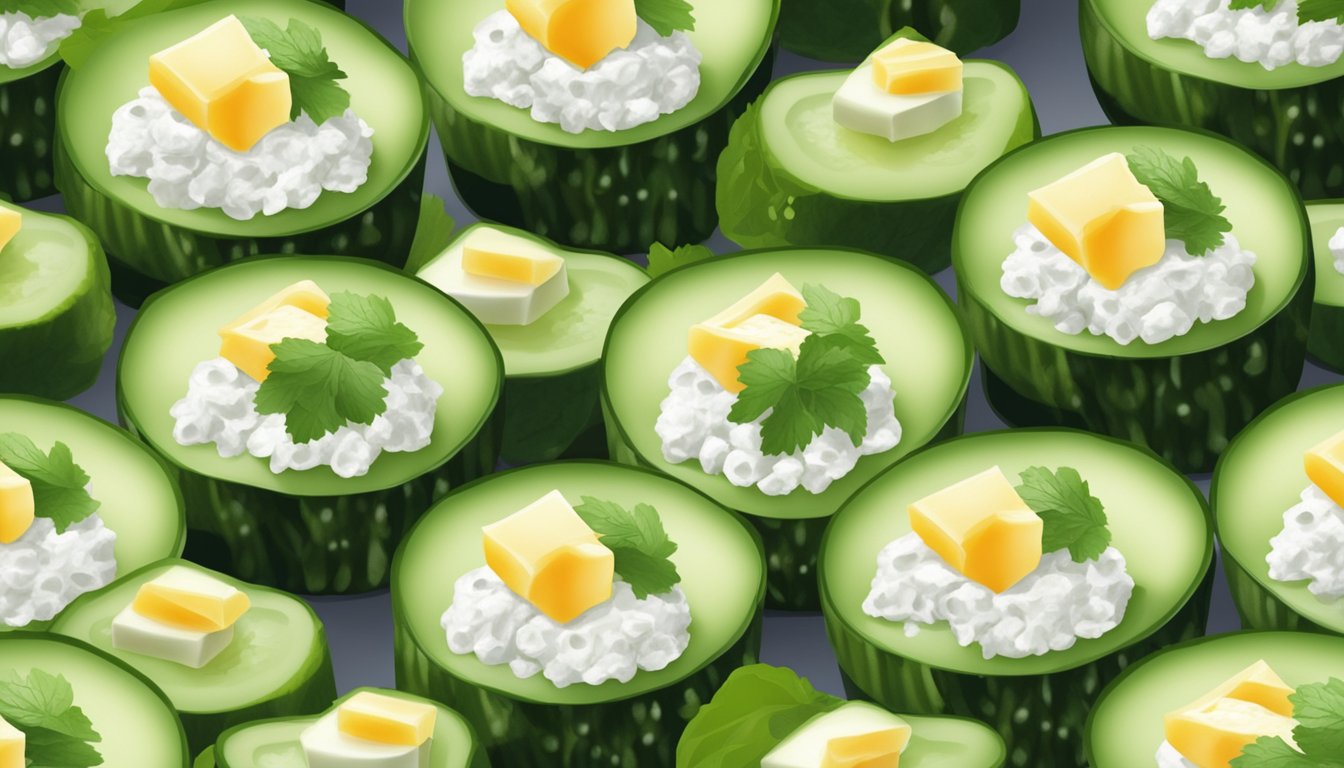 A plate of cucumber and cottage cheese bites arranged in a visually appealing and appetizing manner