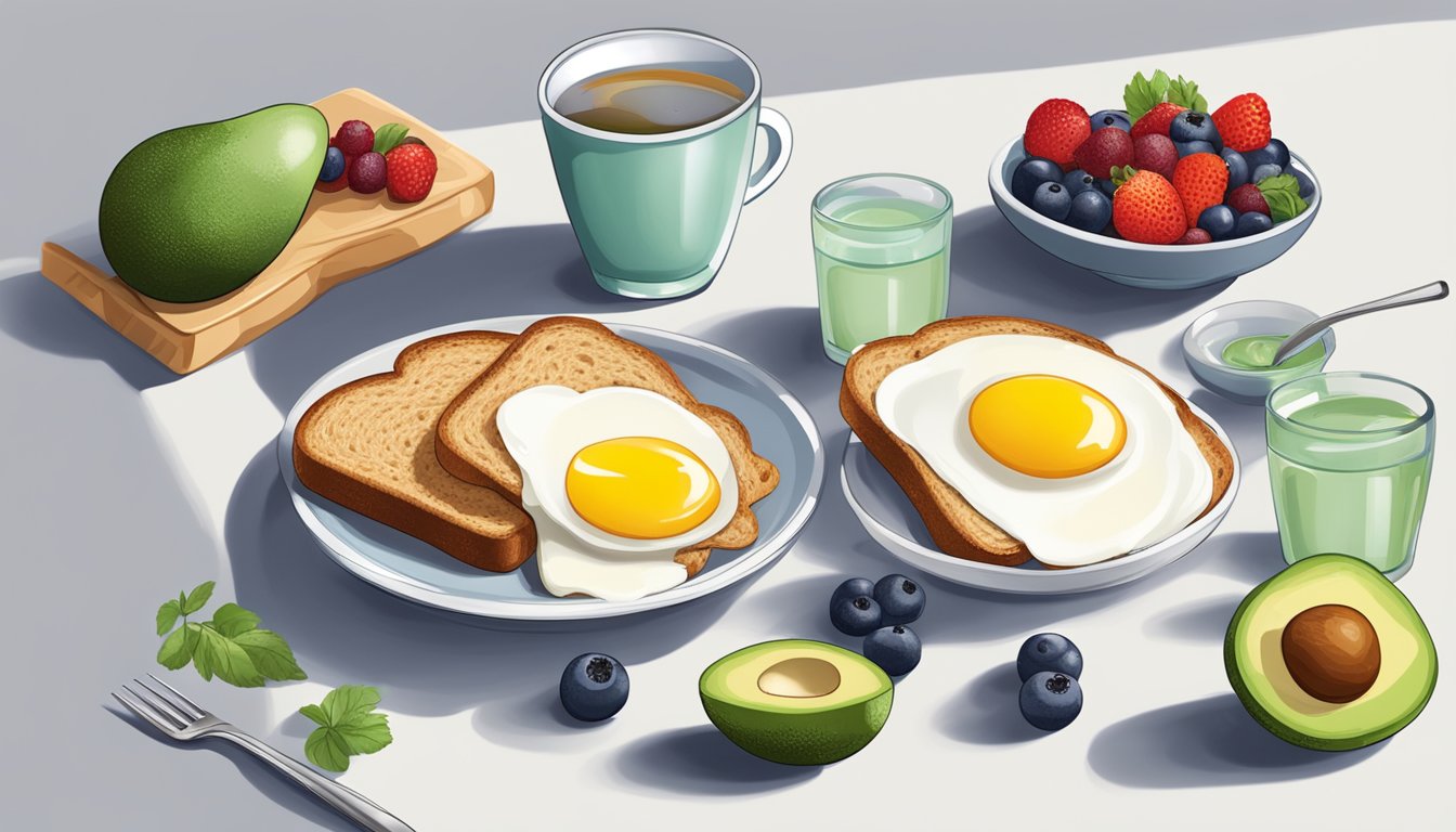 A table set with a balanced breakfast: whole grain toast, avocado, eggs, berries, and a glass of water