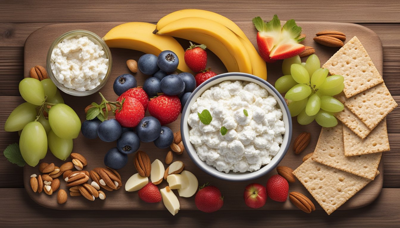 A colorful spread of cottage cheese paired with fresh fruits, nuts, and whole grain crackers, displayed on a rustic wooden board