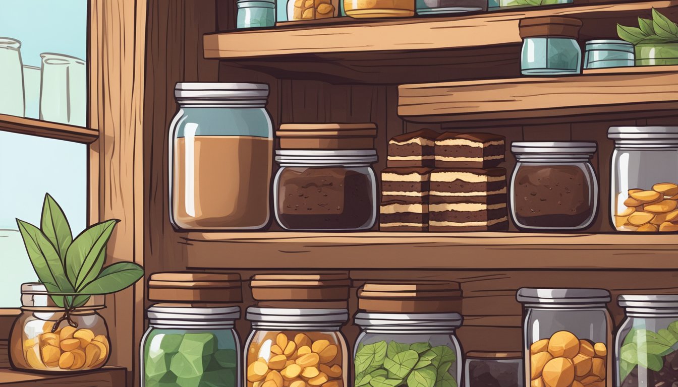 A stack of vegan brownies on a wooden shelf, surrounded by jars of ingredients with varying shelf lives