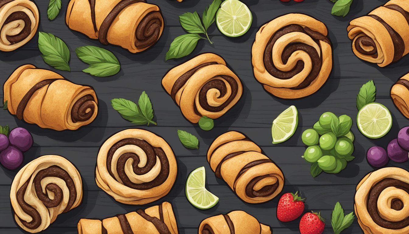 A colorful array of vegan rugelach variations arranged on a rustic wooden table, surrounded by fresh fruit and herbs