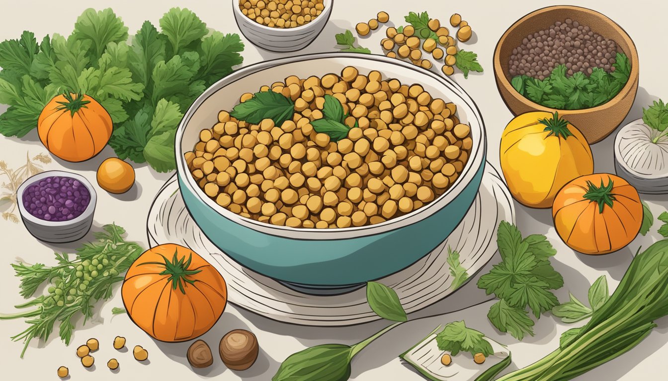 A bowl of Sol Cuisine dried chickpeas surrounded by fresh vegetables and herbs, with a vegan cookbook open to a chickpea recipe nearby