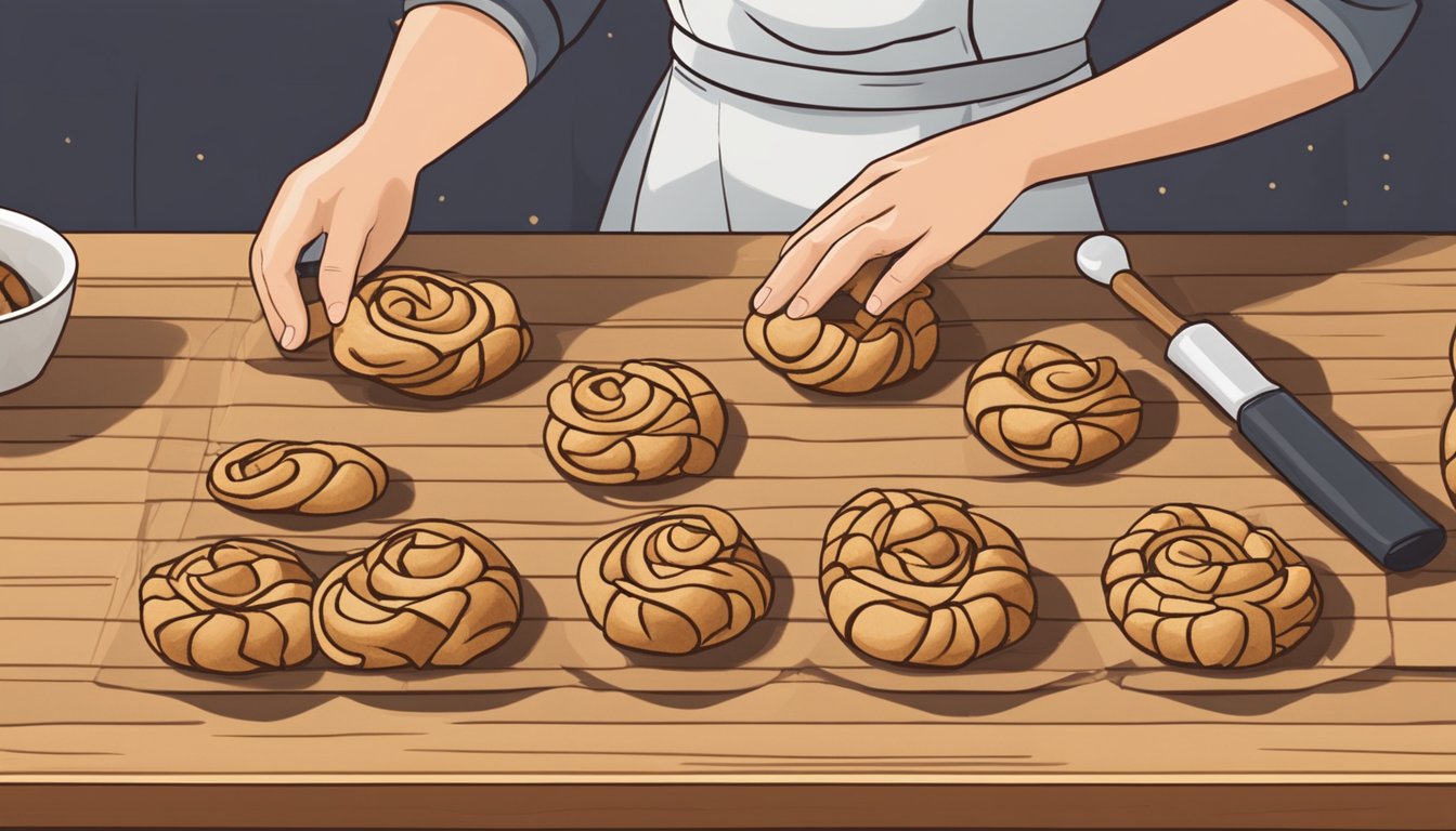 A baker prepares vegan rugelach, using plant-based ingredients and a rolling pin on a wooden countertop