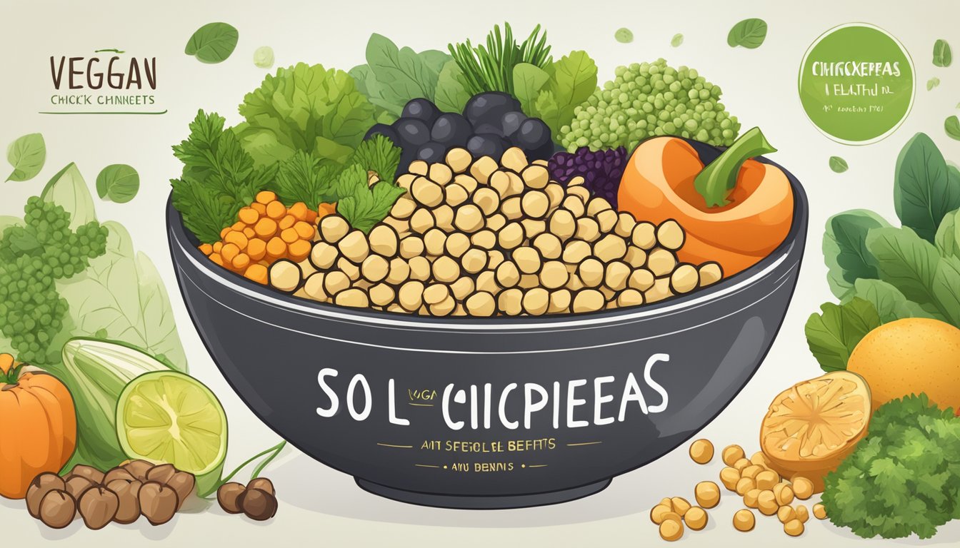 A bowl of sol cuisine dried chickpeas surrounded by various fresh vegetables and fruits, with a sign highlighting their vegan and health benefits