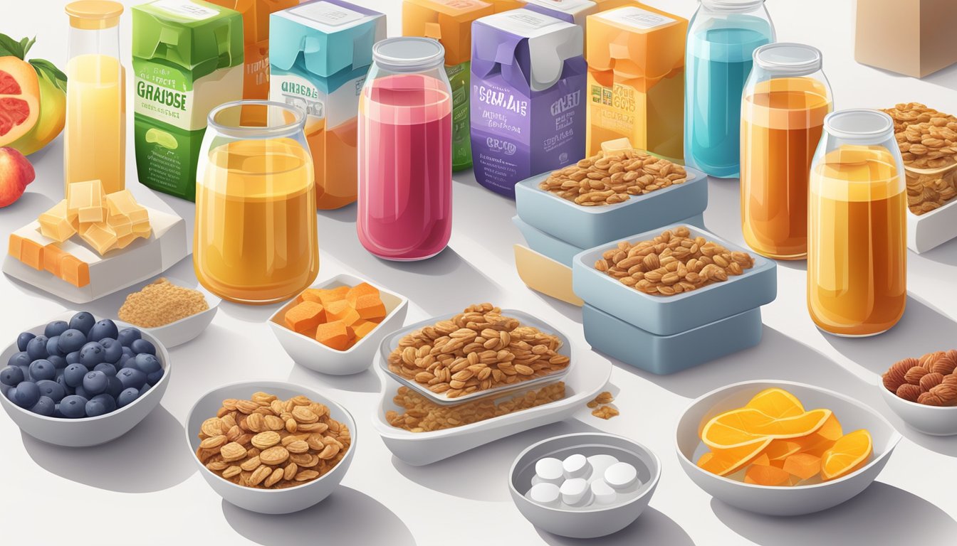 A table with a variety of quick glucose snacks, such as fruit juice boxes, glucose tablets, and granola bars, arranged neatly on a white background