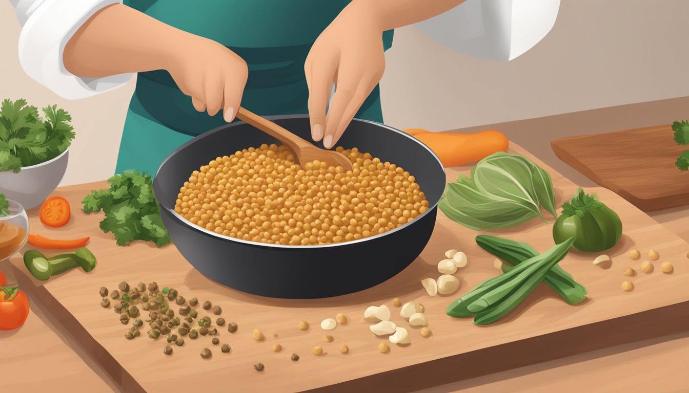 A chef stirring a pot of sol cuisine dried chickpeas with various spices and vegetables on a wooden cutting board