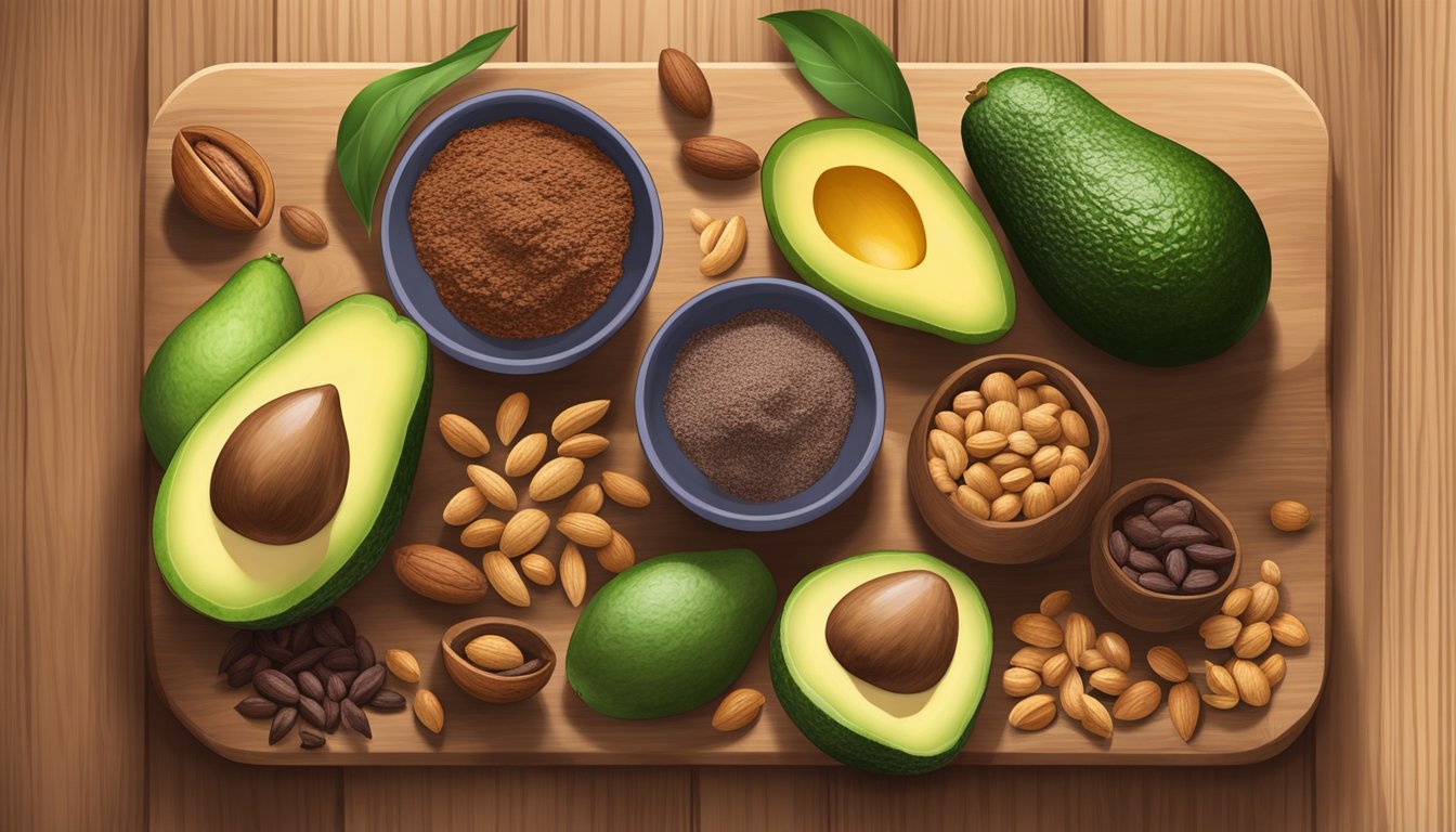 A colorful array of fresh, organic ingredients laid out on a wooden cutting board, including nuts, cocoa powder, and ripe avocados