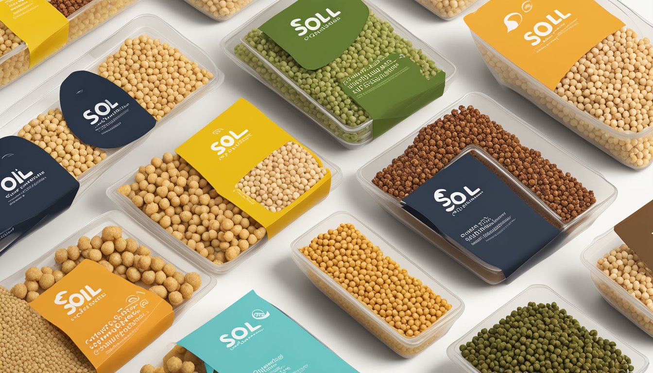 A colorful display of dried chickpeas, alongside various plant-based products, with the Sol Cuisine logo visible