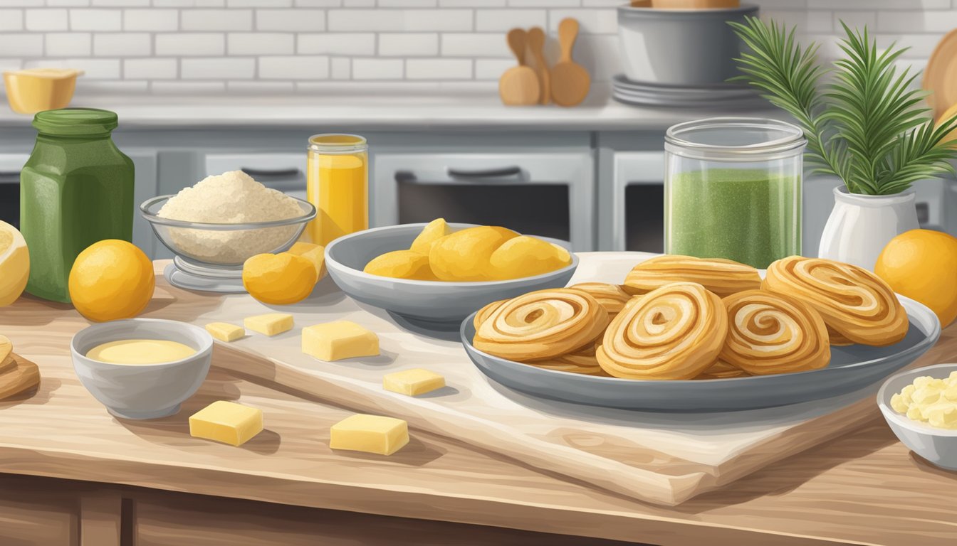 A kitchen counter with ingredients for traditional palmiers: puff pastry, sugar, and vegan butter