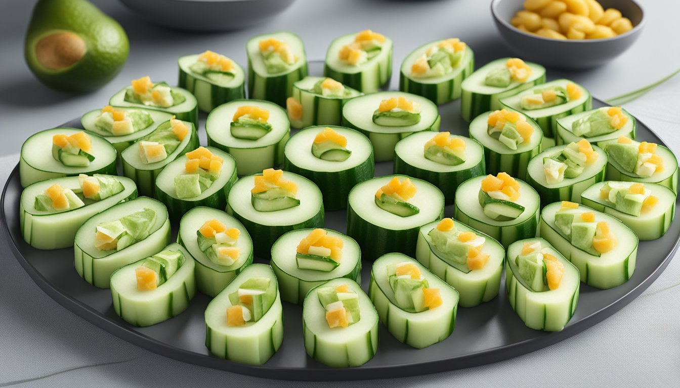 A platter of cucumber and avocado rolls arranged in an elegant display, ready to be served as diabetes-friendly appetizers at a party