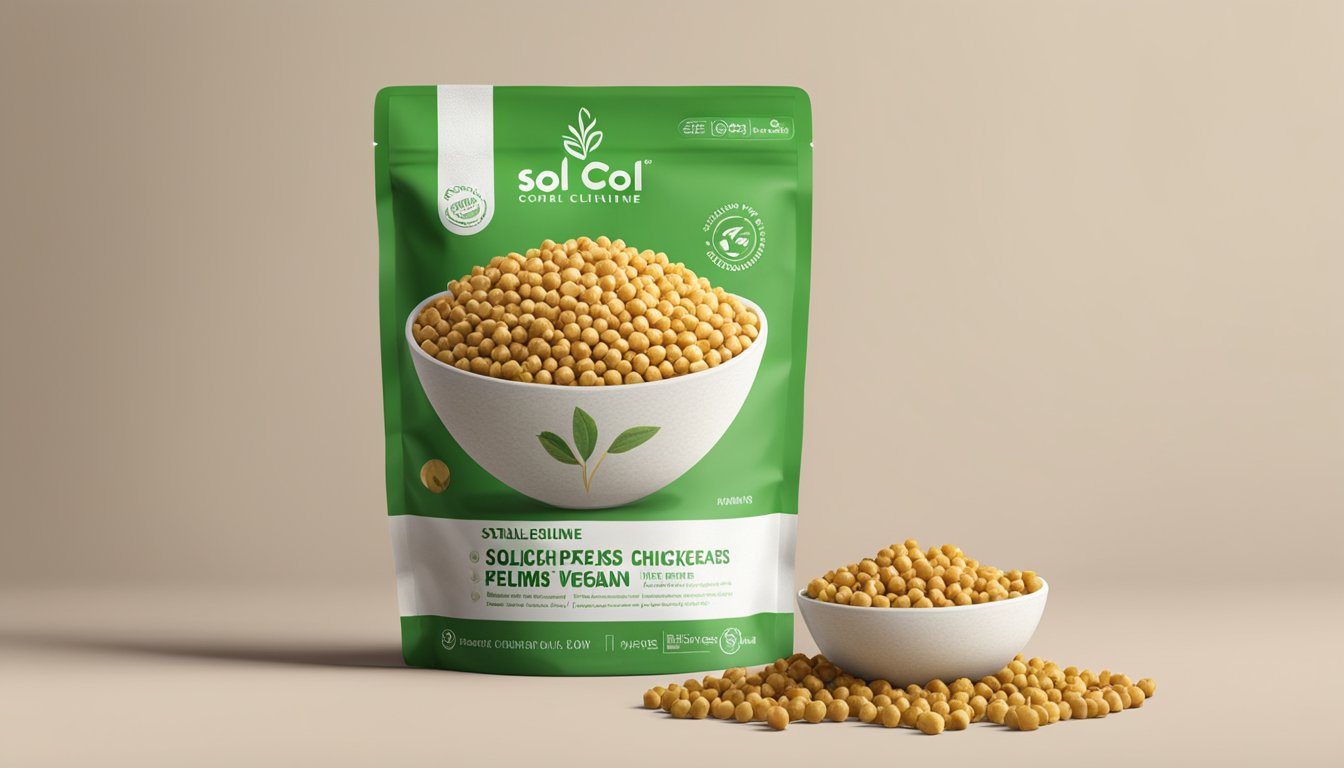 A bowl of dried chickpeas sits next to a package of Sol Cuisine Sustainable Vegan Foods. The packaging features a vibrant green and white design