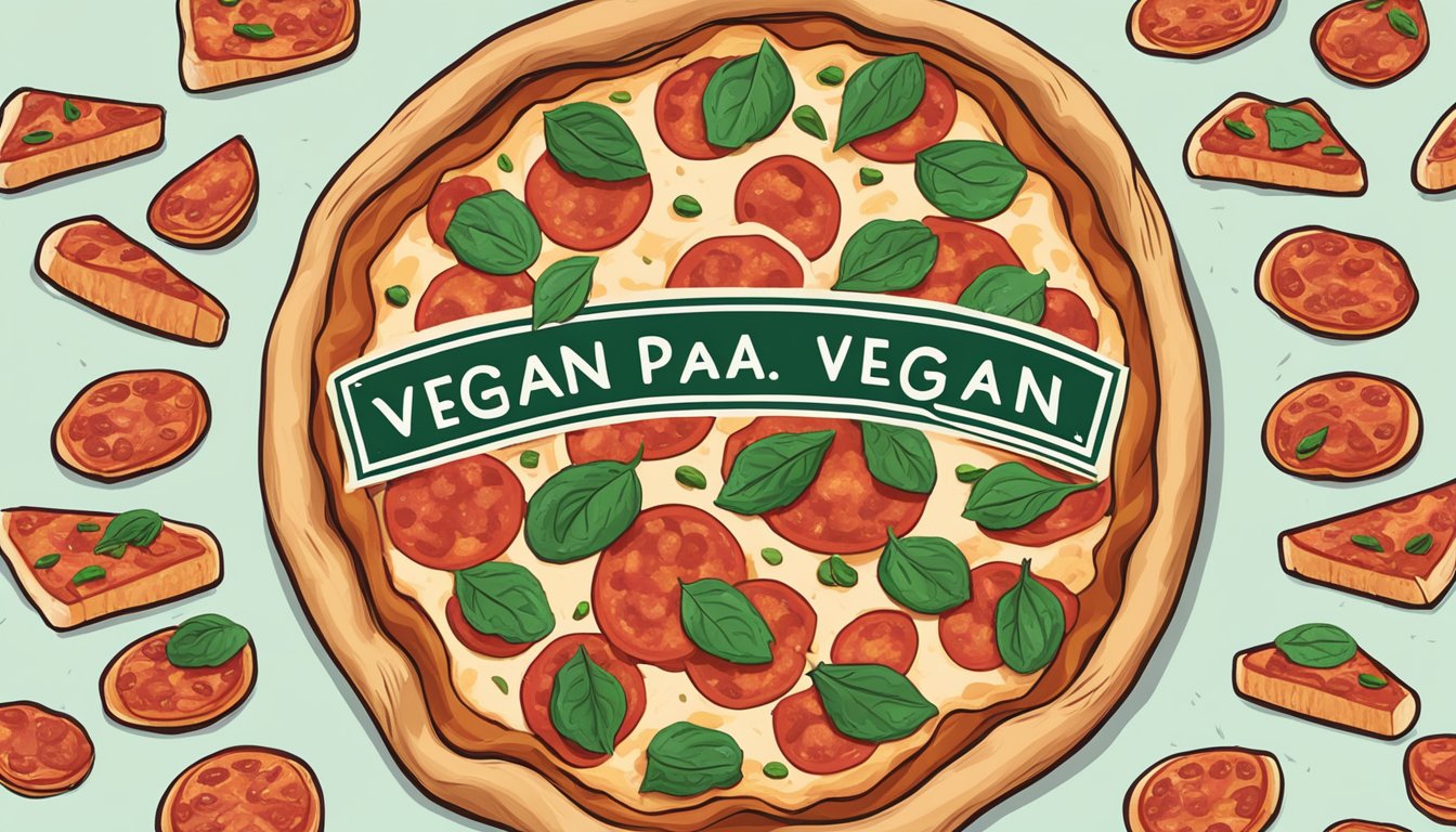 A whole pepperoni pizza with a "vegan" label crossed out