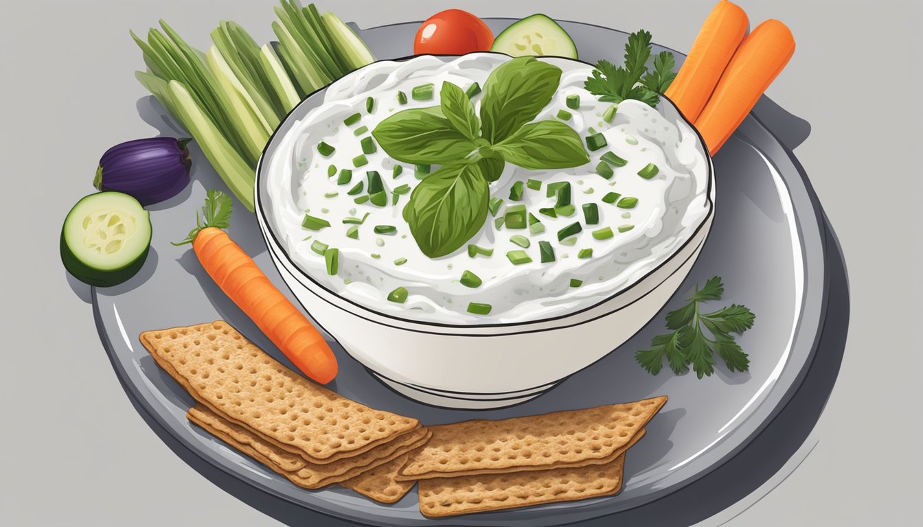 A bowl of Greek yogurt tzatziki dip surrounded by colorful, fresh vegetables and whole grain crackers on a serving platter