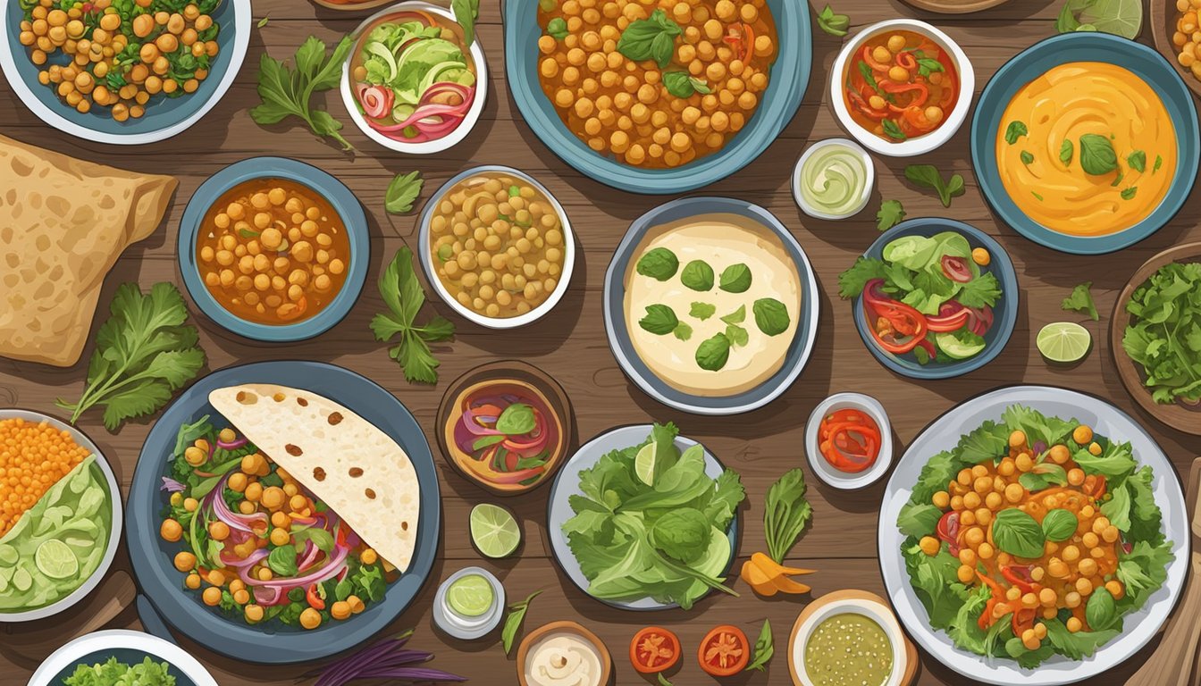 A colorful array of chickpea-based dishes, including salads, soups, and wraps, arranged on a rustic wooden table. Fresh ingredients and vibrant spices are scattered around the dishes