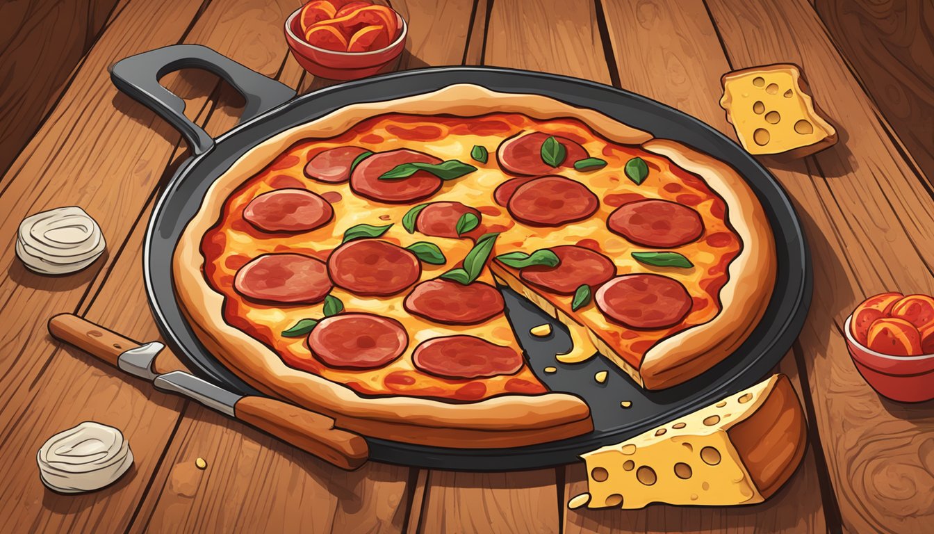 A sizzling pepperoni pizza sits atop a rustic wooden table, with melted cheese and perfectly placed pepperoni slices