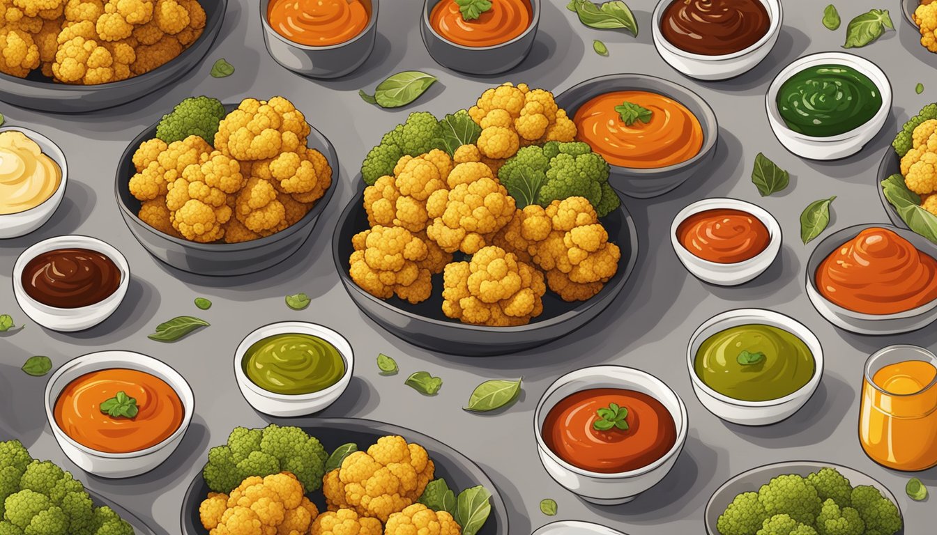 A platter of golden brown cauliflower bites surrounded by small bowls of vibrant, spicy sauces