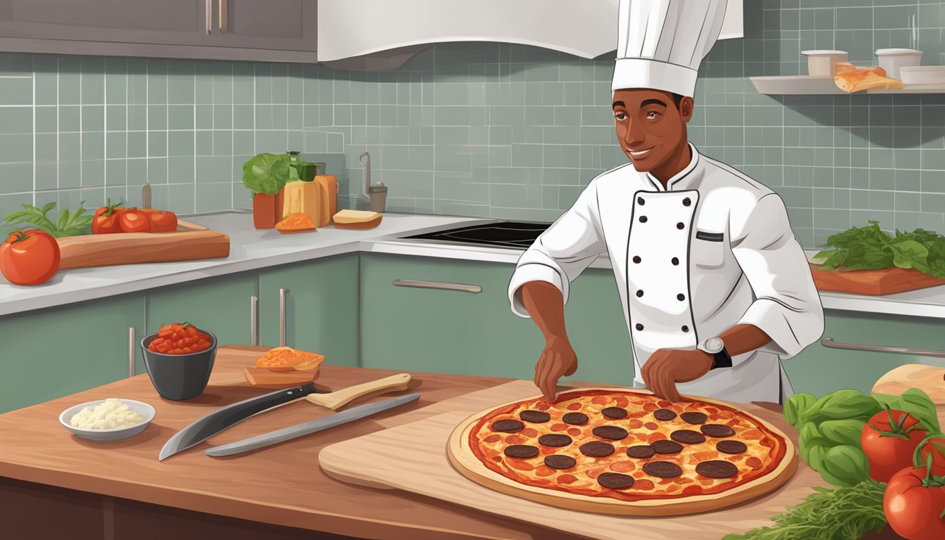 A chef slices vegan pepperoni on a cutting board, with pizza ingredients in the background