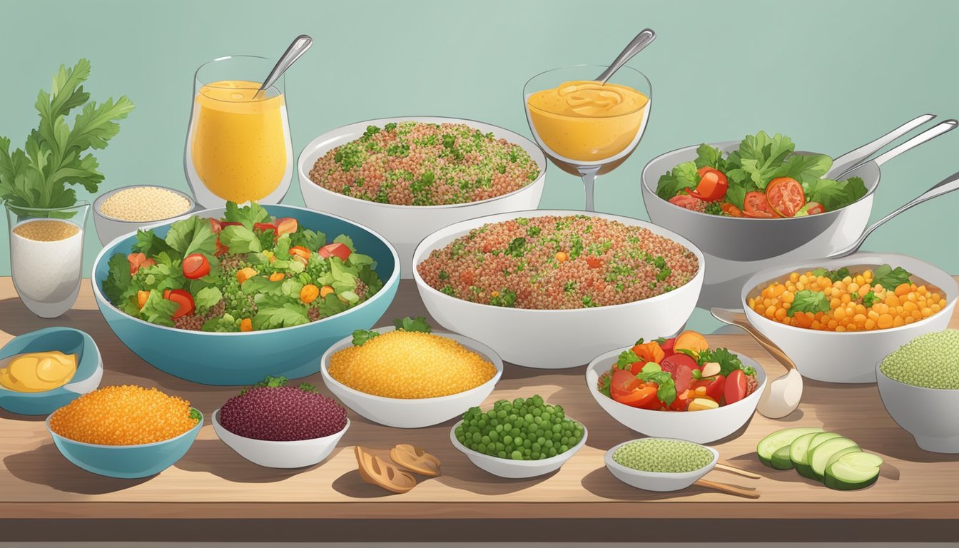 A table spread with 8 colorful quinoa salad cups, surrounded by fresh ingredients and serving utensils