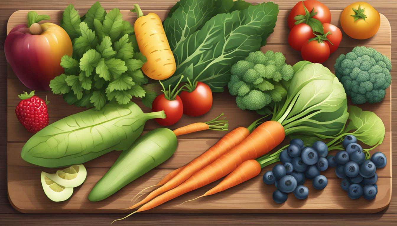 A variety of fresh fruits and vegetables, such as leafy greens, carrots, and berries, arranged on a wooden cutting board