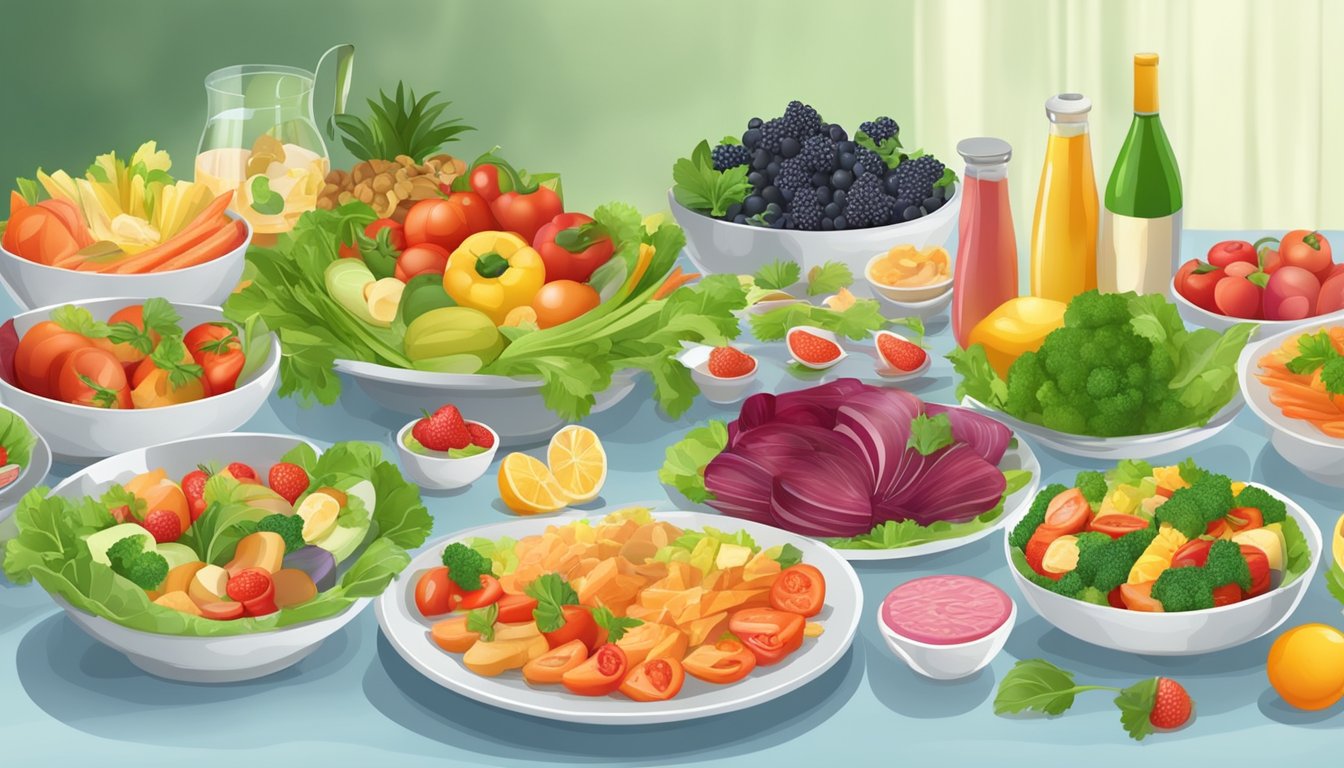 A table set with a variety of colorful and appetizing dishes, including vegetables, fruits, and lean proteins, arranged for a party